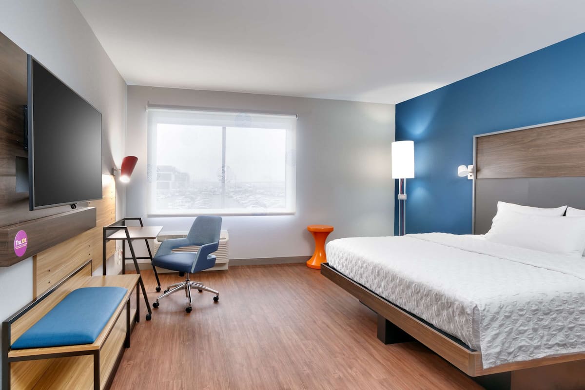Habitación de hotel con cama, escritorio con silla, televisión, ventana con vista y lámpara.