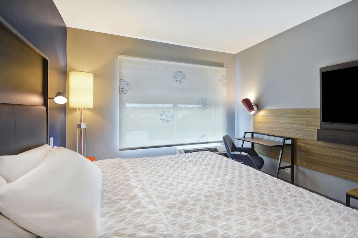 A hotel room with a bed, a desk, a chair, a TV, and a window with a view.