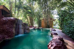 Una piscina natural con cascada, rodeada de bambú y follaje tropical.