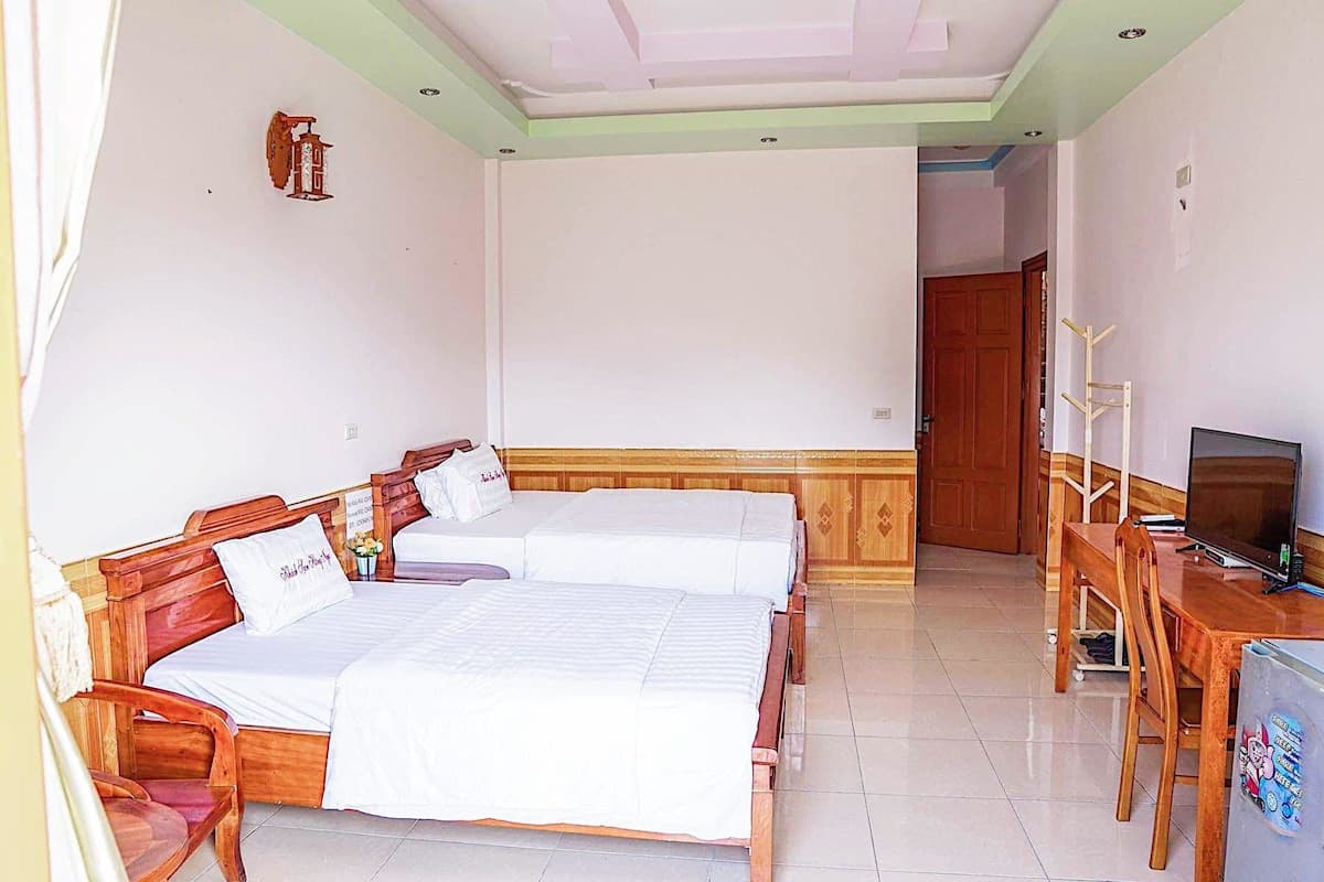 A room with two wooden beds, a television, and a desk with a chair.