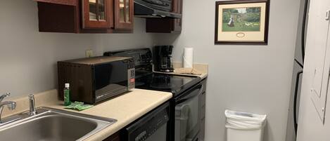 Full-sized fridge, microwave, oven, stovetop