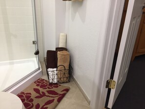 Hair dryer, towels, soap, shampoo