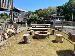 A wooden deck with picnic tables and a fire pit, surrounded by a wooden fence and trees.