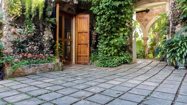 Un sendero de piedra conduce a una puerta de madera rodeada de exuberante follaje y plantas en macetas.