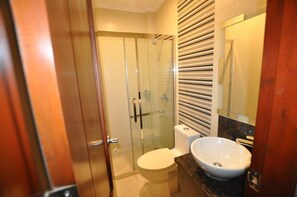 Une salle de bain moderne avec une douche à parois de verre, des toilettes blanches et un grand lavabo.
