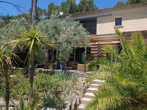 Provencal villa with large pine trees and swimming pool.