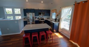 Fridge, microwave, oven, stovetop - Doc's Holiday:  Dog friendly, reverse floor plan, well appointed. (Ocracoke)