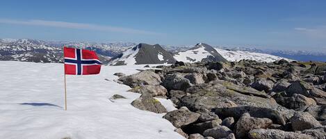 A snow-covered mountain peak with a flag, rocky terrain, and distant snow-capped mountains.