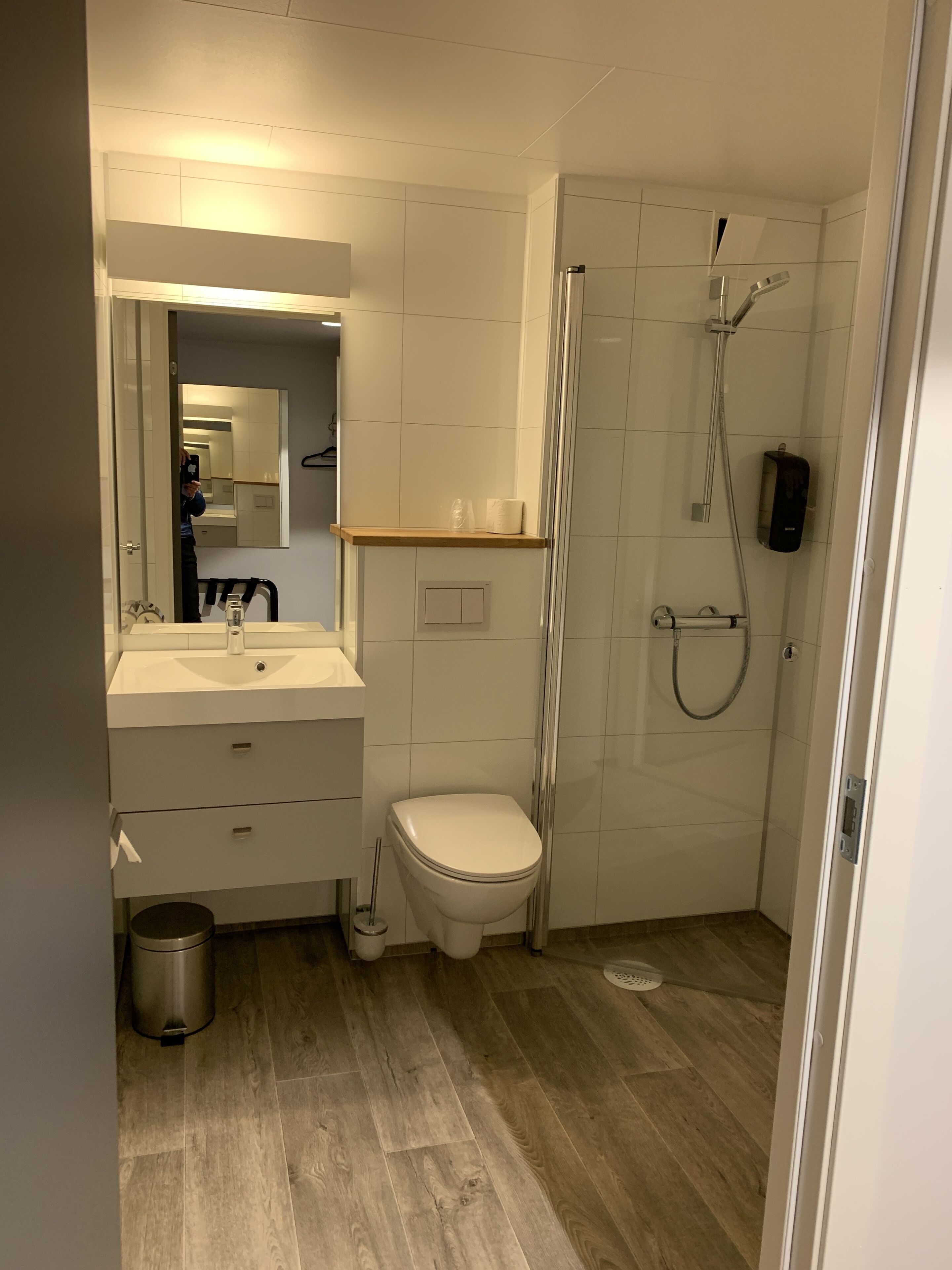 Un baño moderno con inodoro, lavabo y ducha.