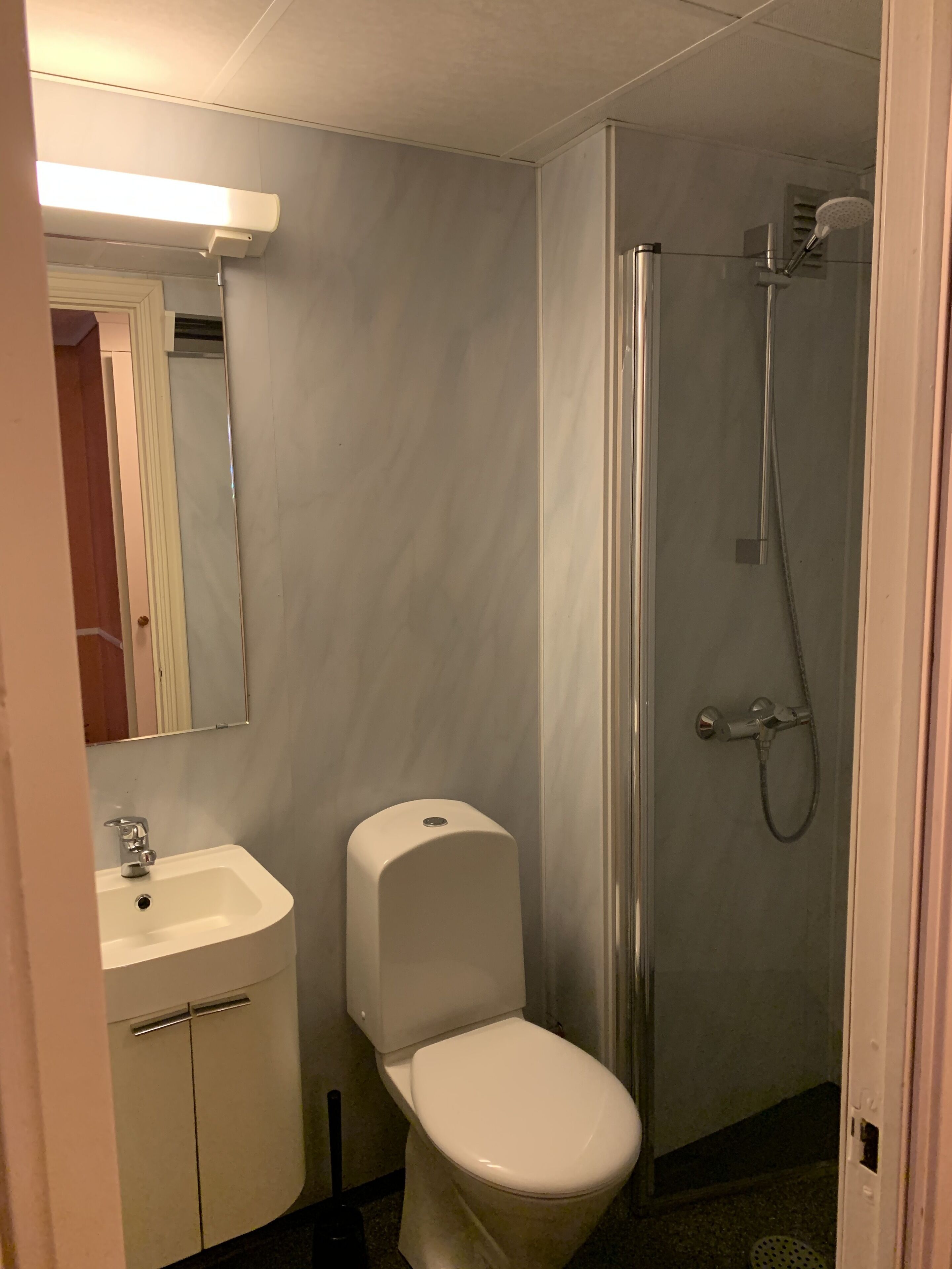 Un baño con inodoro, lavamanos y ducha.