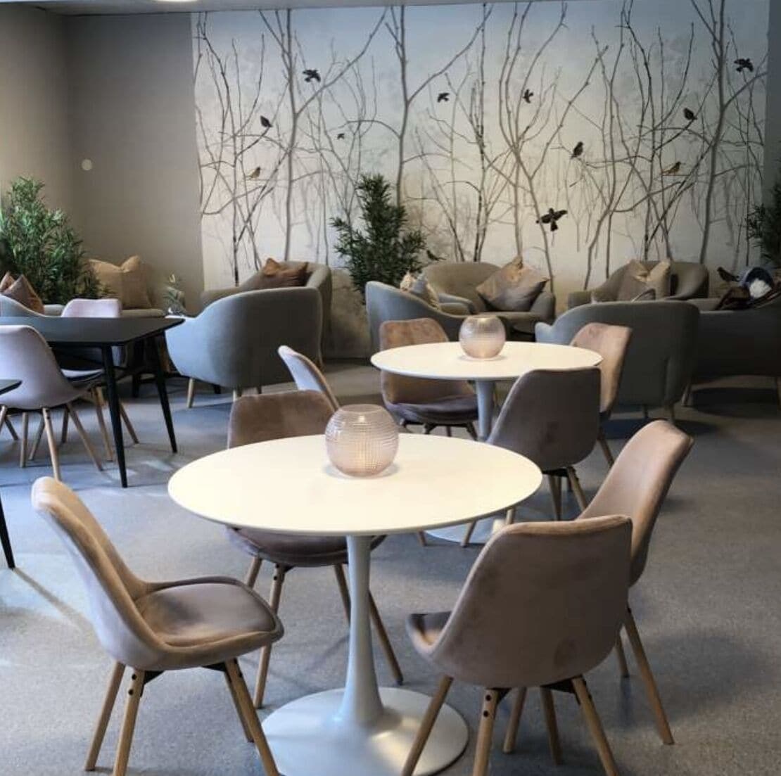 A modern interior with round tables and chairs, a wall with bare tree branches, and a neutral color palette.
