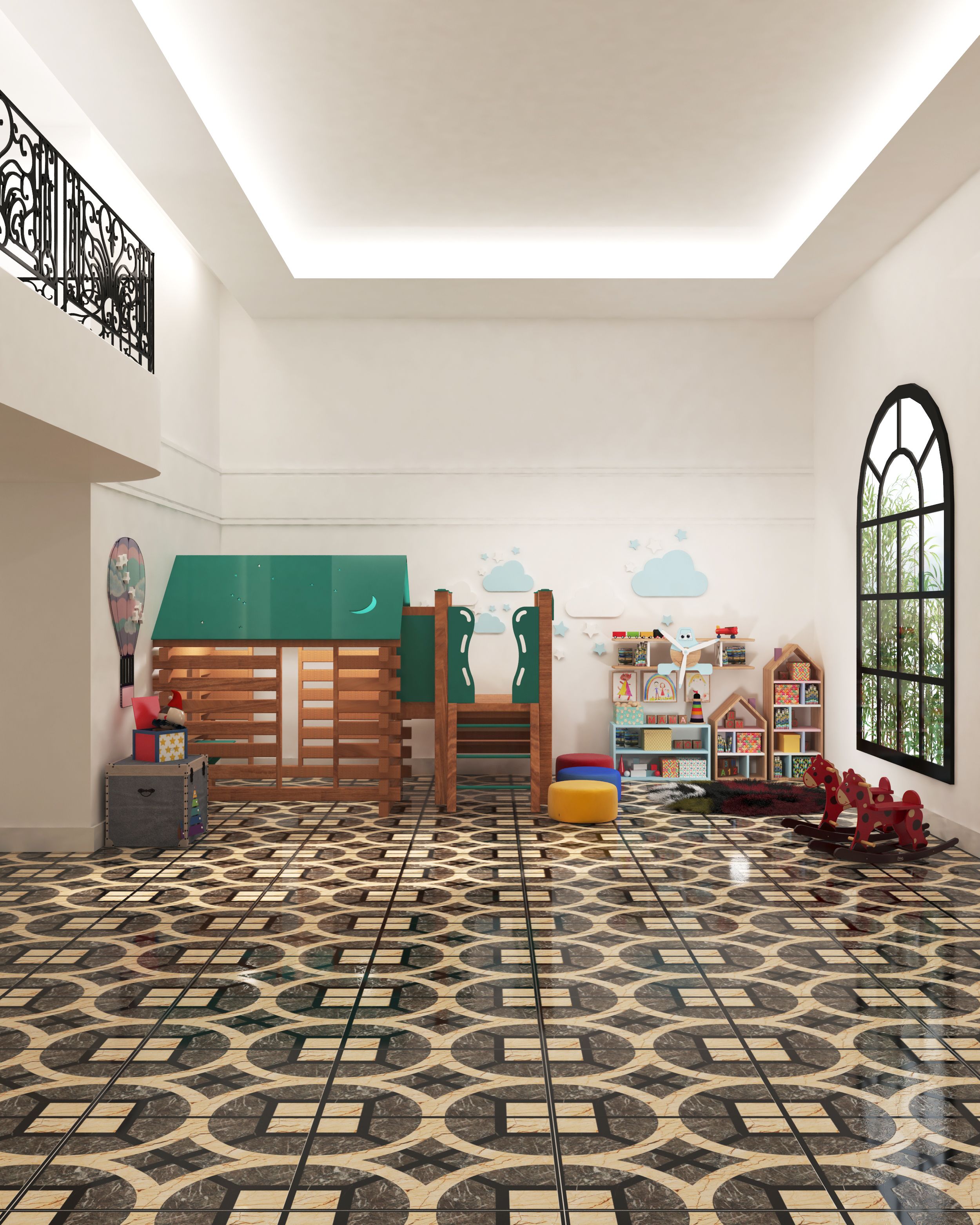 Um quarto espaçoso com piso estampado, uma casinha de brincar verde, uma escada de madeira e uma janela com vista para árvores.