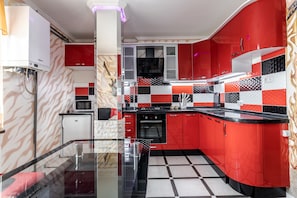 Apartment | Private kitchen | Fridge, microwave, stovetop, electric kettle