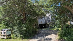 A rustic wooden structure with a porch, surrounded by dense foliage. - Xenia House:  Enjoy decks and screened porch overlooking the marsh. (Ocracoke)