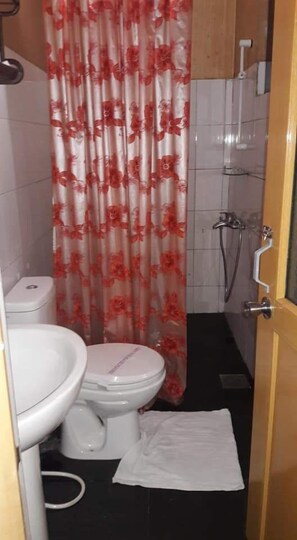 Suihku, sadesuihkupää, ilmaiset hygieniatuotteet, hiustenkuivaaja