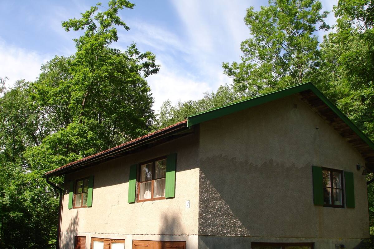 A two-story building with a sloped roof, green shutters, and a dirt ground floor.