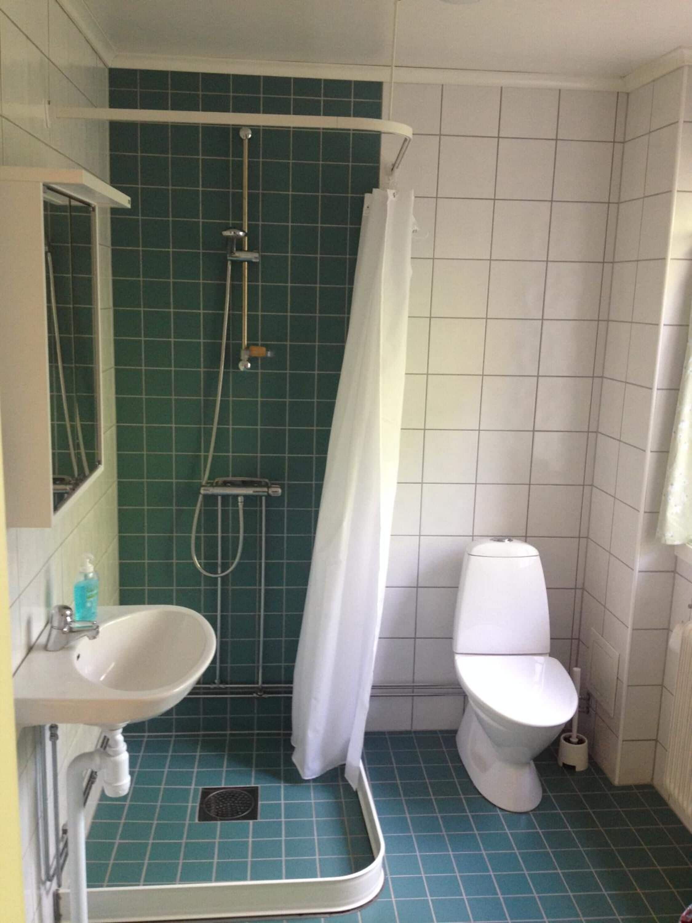 A bathroom with a shower, toilet, sink, and a mirror.