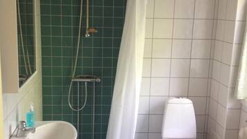 A bathroom with a shower, toilet, sink, and a mirror.