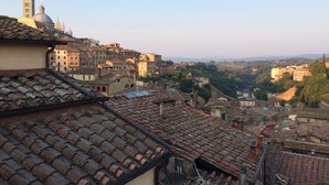 Vista de un pueblo histórico con tejados de tejas rojas y una iglesia destacada con cúpula, con montañas al fondo.