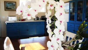 Un comedor con una mesa de madera, sillas y un jarrón de orquídeas blancas. Se observan armarios azules y una zona de cocina al fondo.