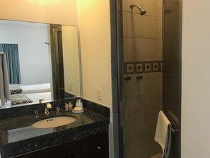 Hair dryer, towels, soap, shampoo