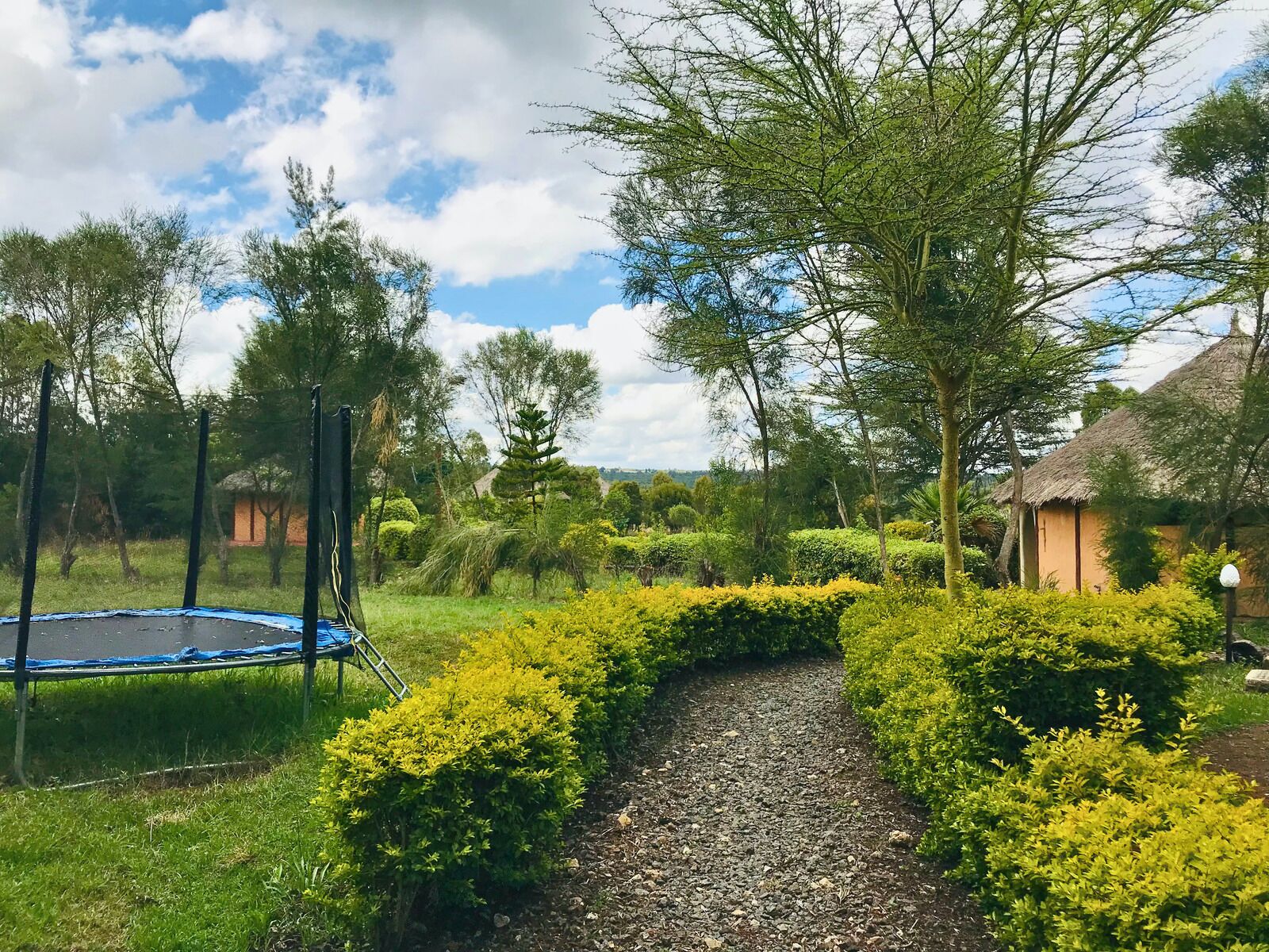 Un jardín con un camino de grava, un trampolín y una estructura con techo de paja.