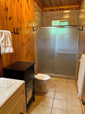 Combined shower/tub, hair dryer, towels, soap