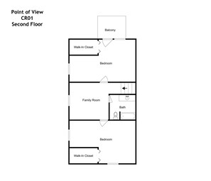 A floor plan of a hotel room labeled 'Point of View CR01' on the second floor, featuring a balcony, walk-in closet, two bedrooms, a family room, and a bathroom.