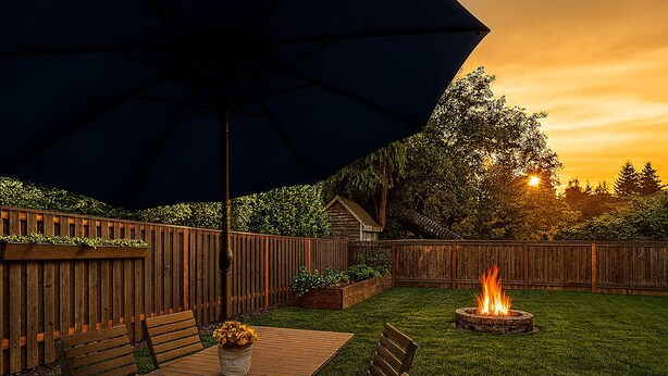 A backyard with a wooden deck, a table with chairs, a large umbrella, and a fire pit. - 2 King Beds, Quiet Neighborhood, Near It All (Tigard)