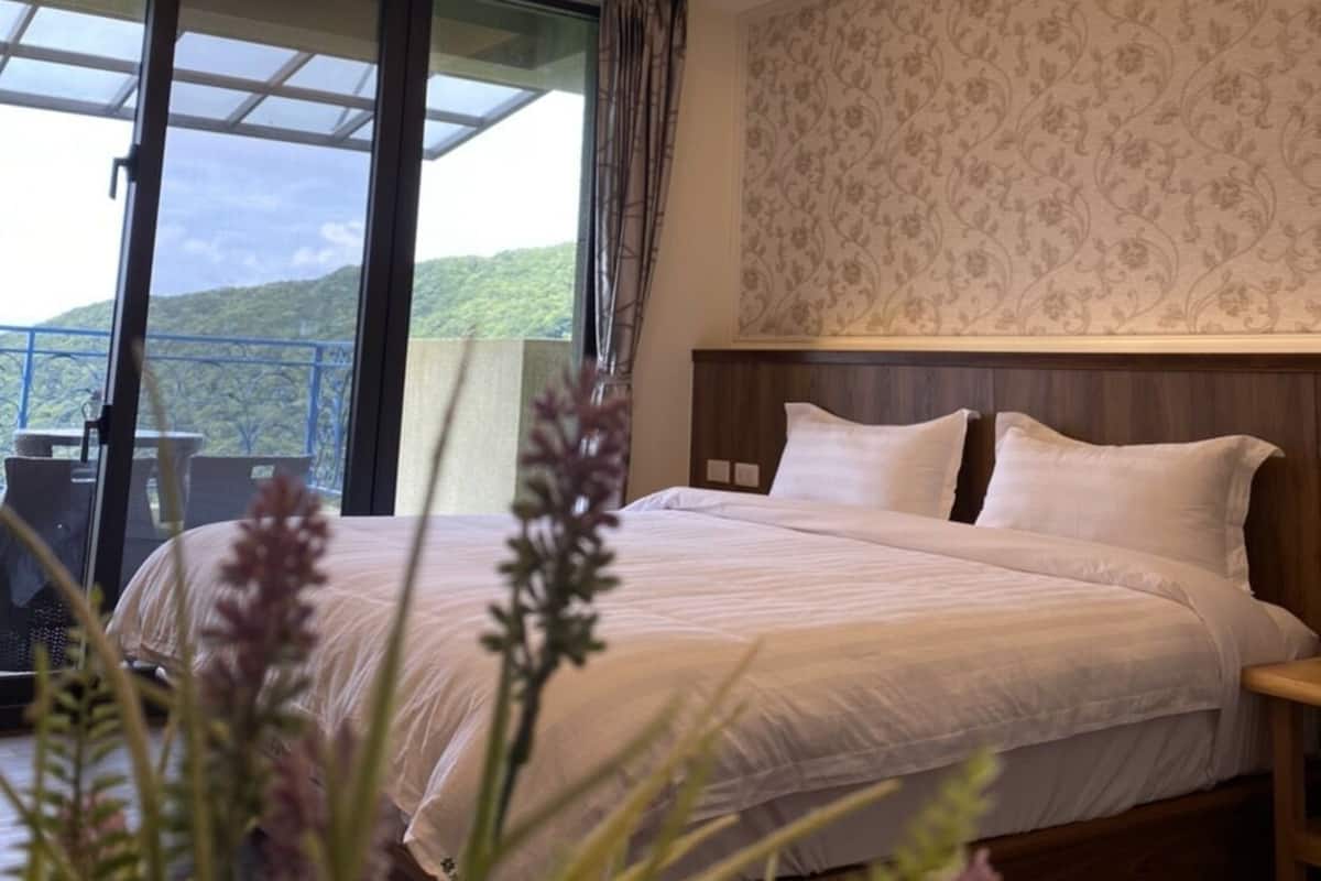 A hotel room with a large bed, a view of the outdoors, and a ceiling light fixture.