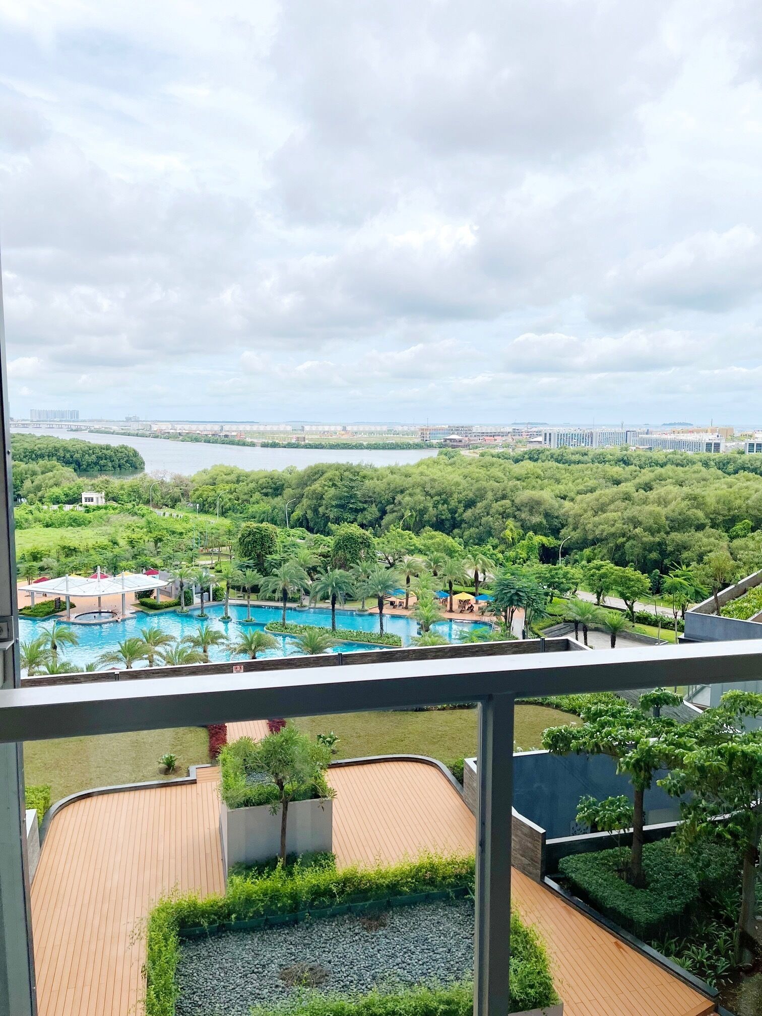 A view of a swimming pool surrounded by lush greenery, with a river and distant buildings in the background.
