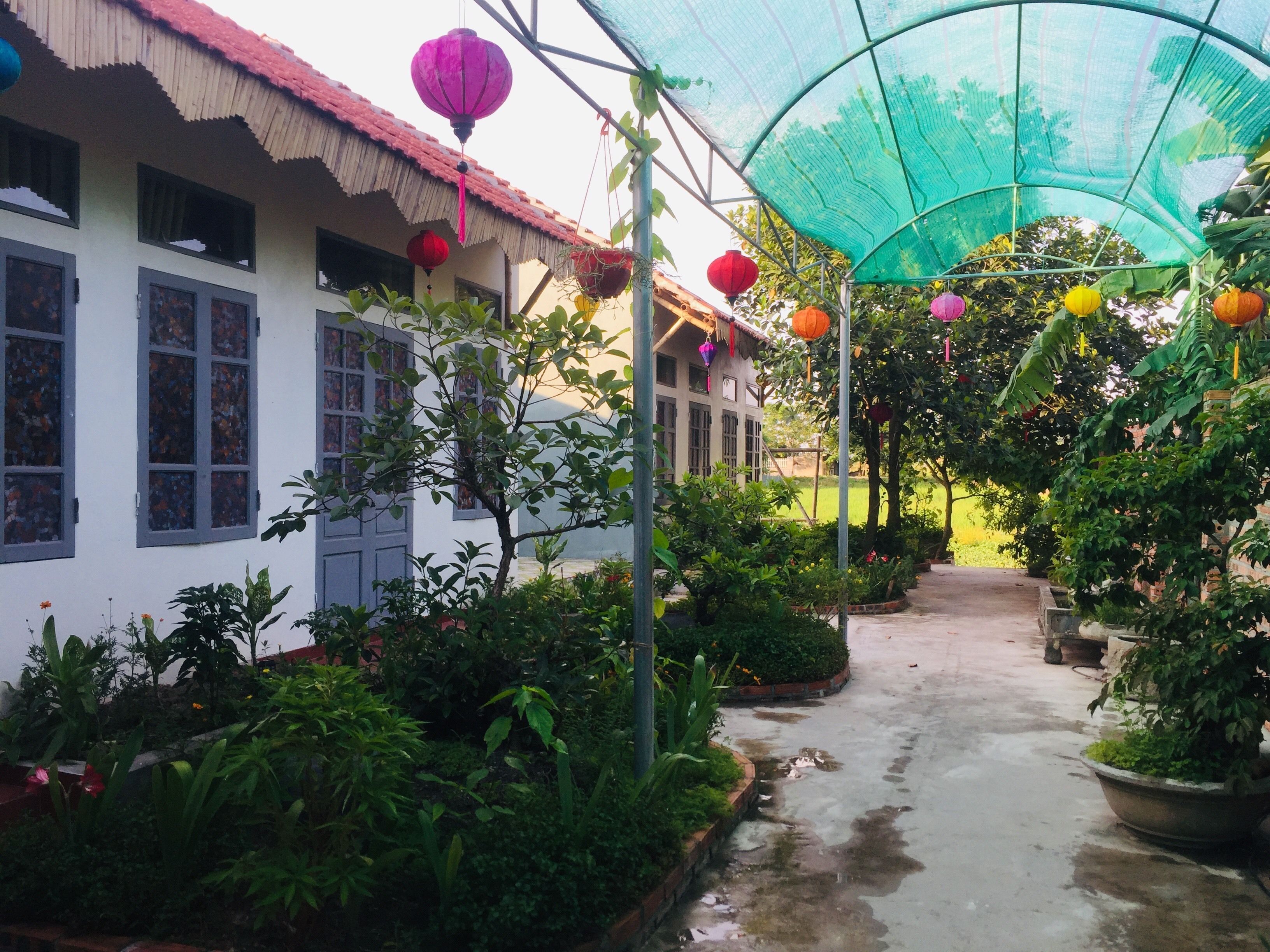 A covered garden area with a pathway, potted plants, and hanging lanterns.