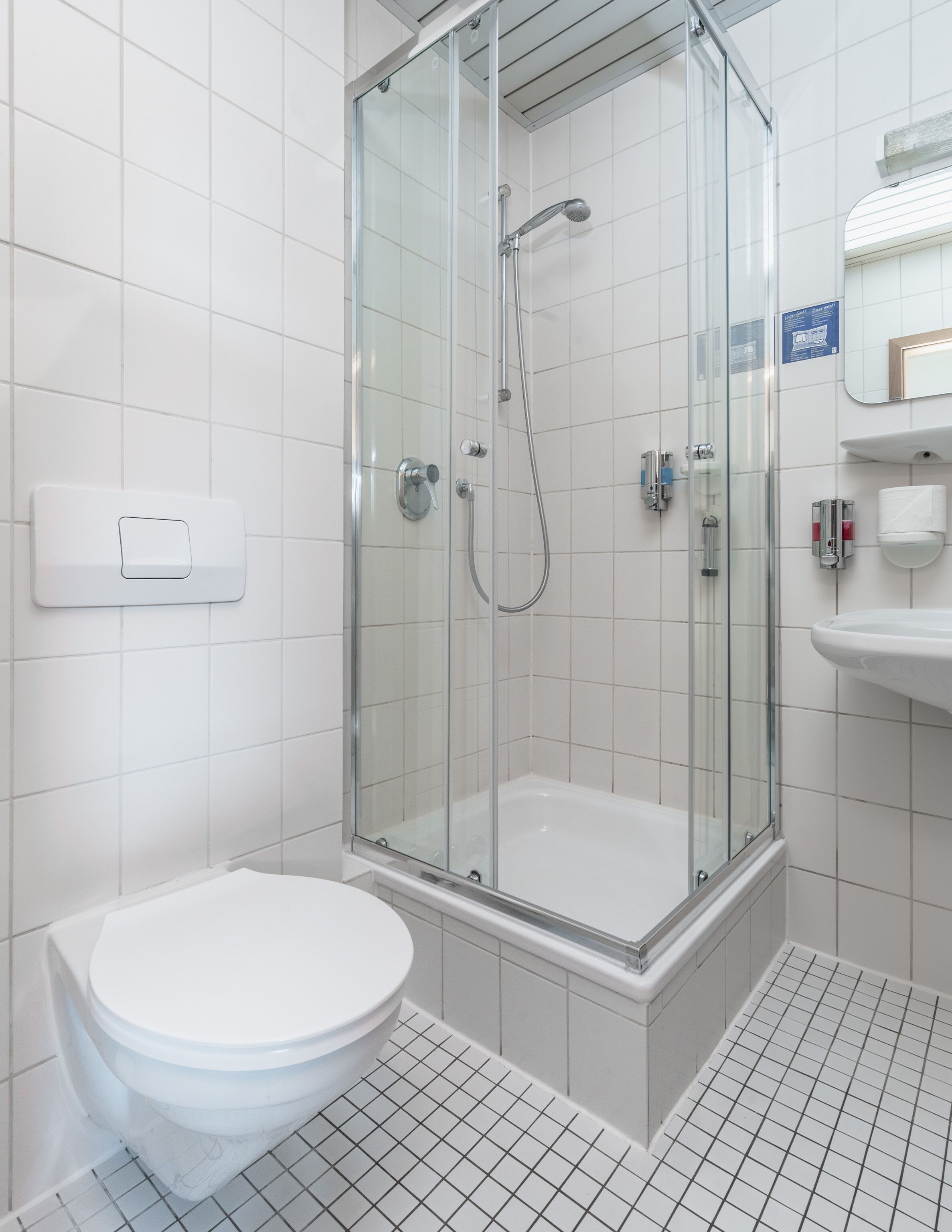 A modern bathroom with a glass-enclosed shower, a white toilet, and a sink with a mirror.