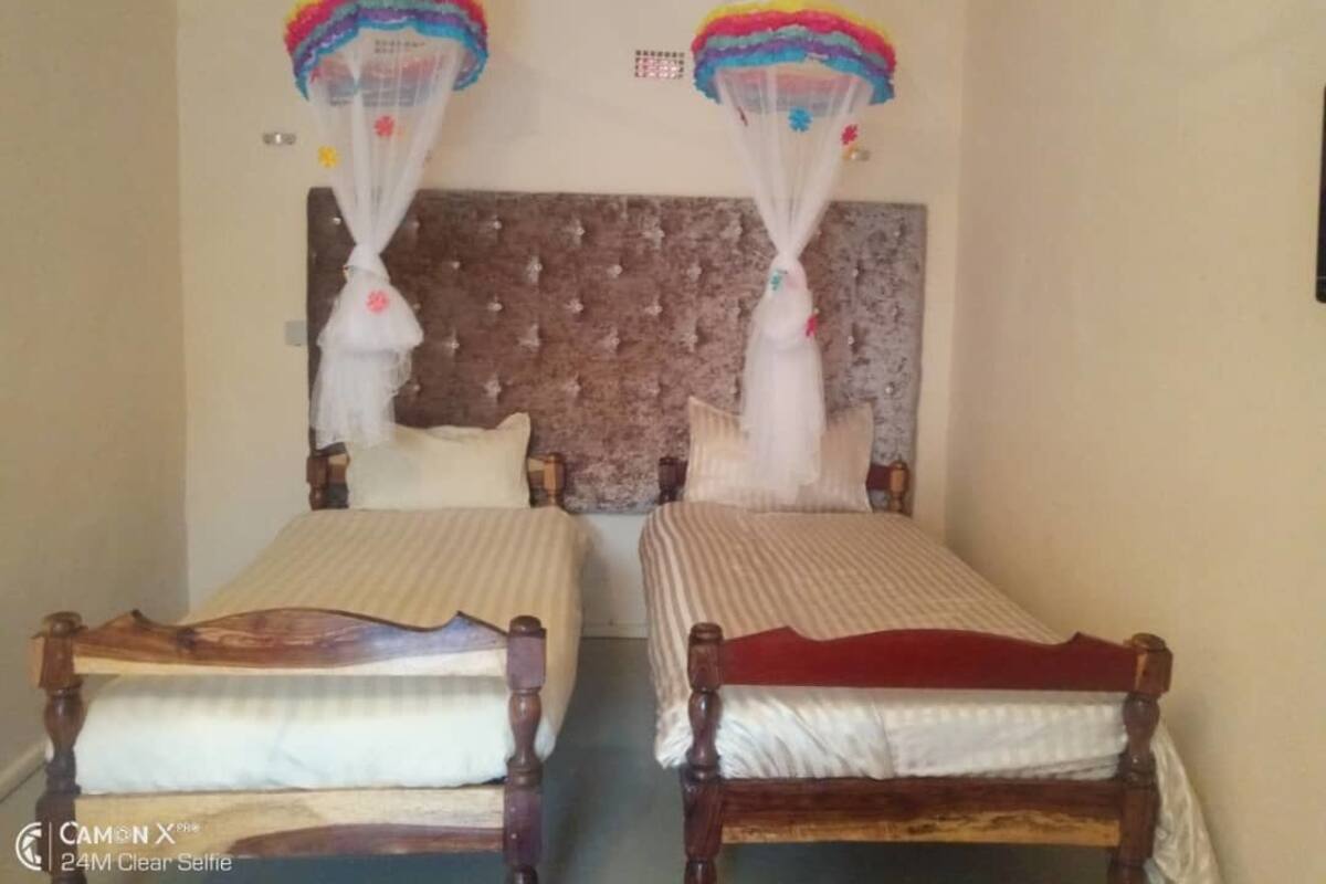 Two wooden beds with headboards, a tufted headboard, and a canopy with a rainbow design.