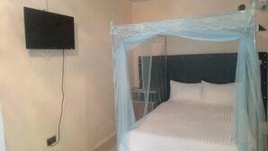 Une chambre avec un lit recouvert d’une moustiquaire, un téléviseur à écran plat fixé au mur et une table de chevet.