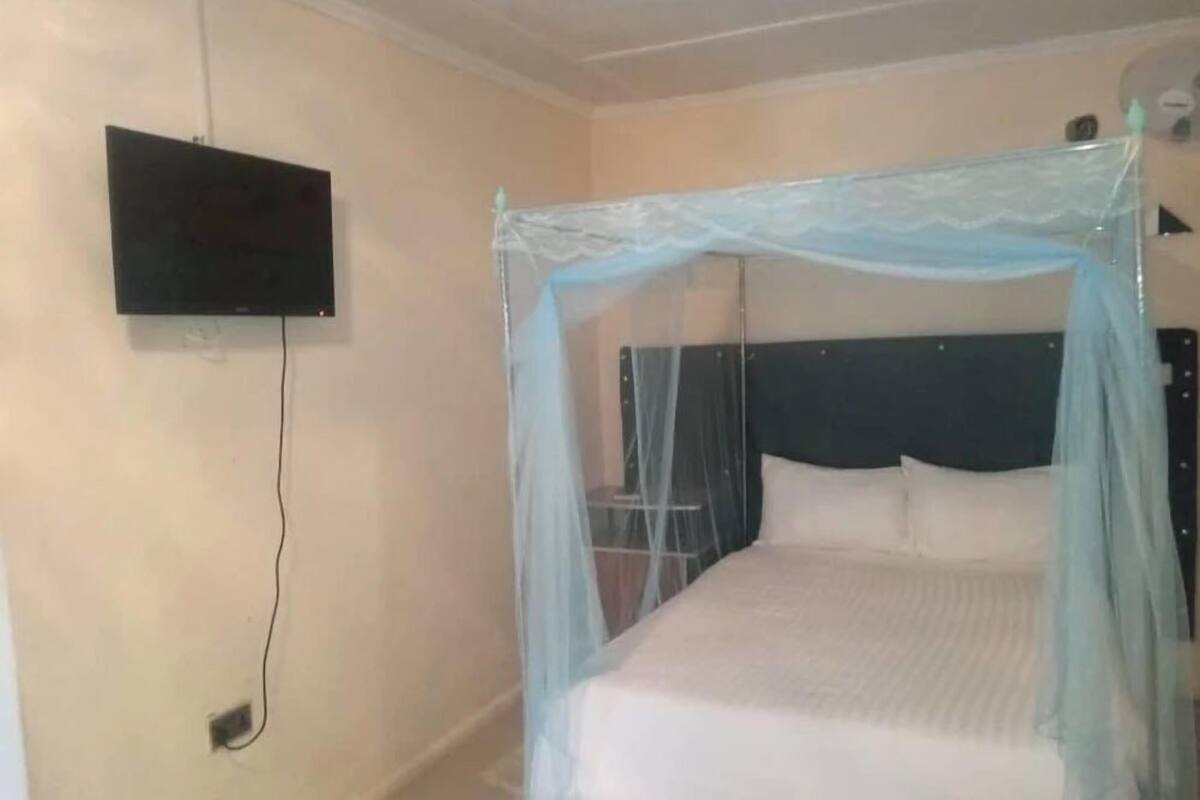A room with a bed under a mosquito net, a flat-screen TV on the wall, and a bedside table.