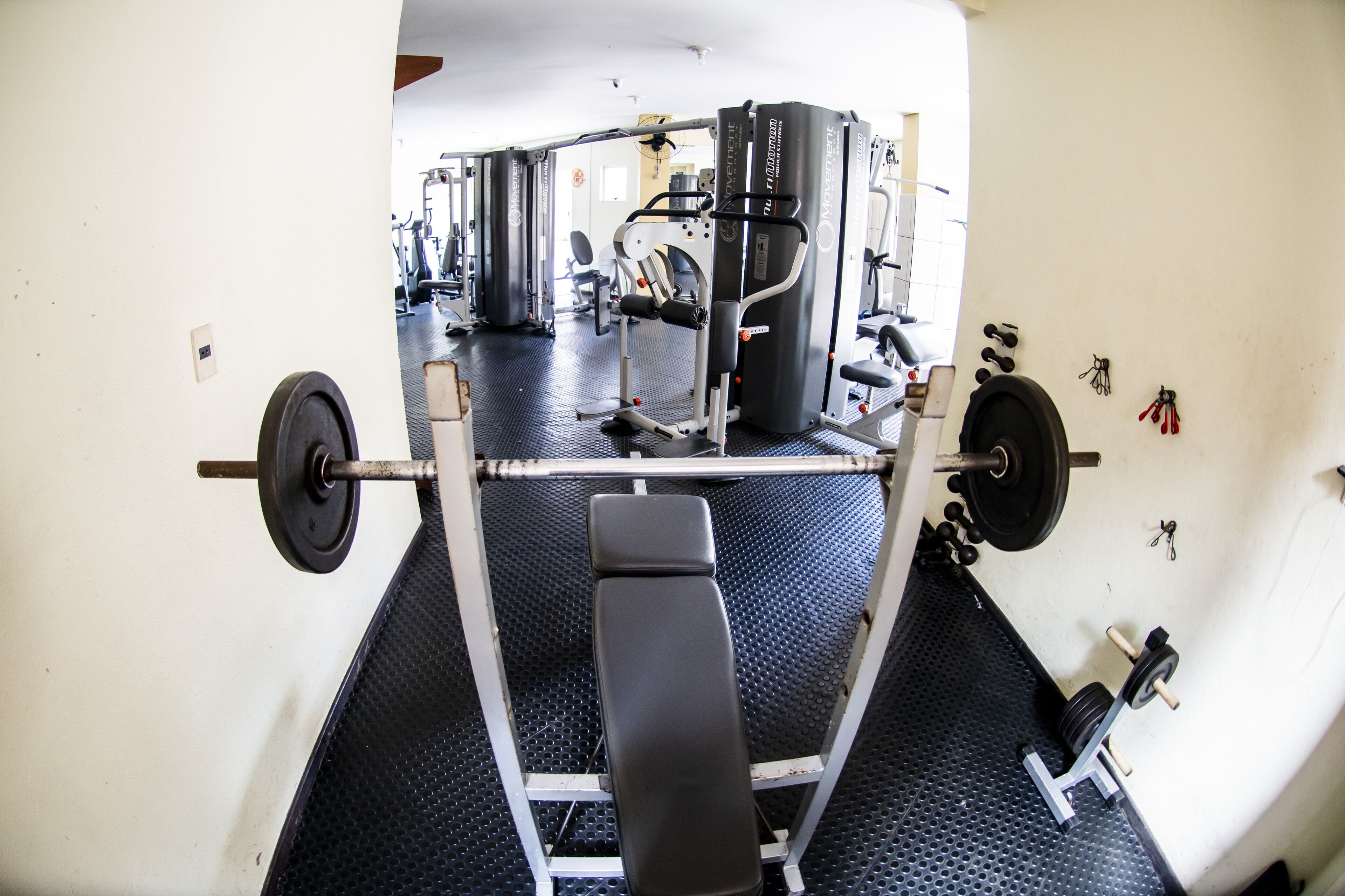 Un gimnasio con banco de pesas, estructura para sentadillas y diversas máquinas de ejercicio.