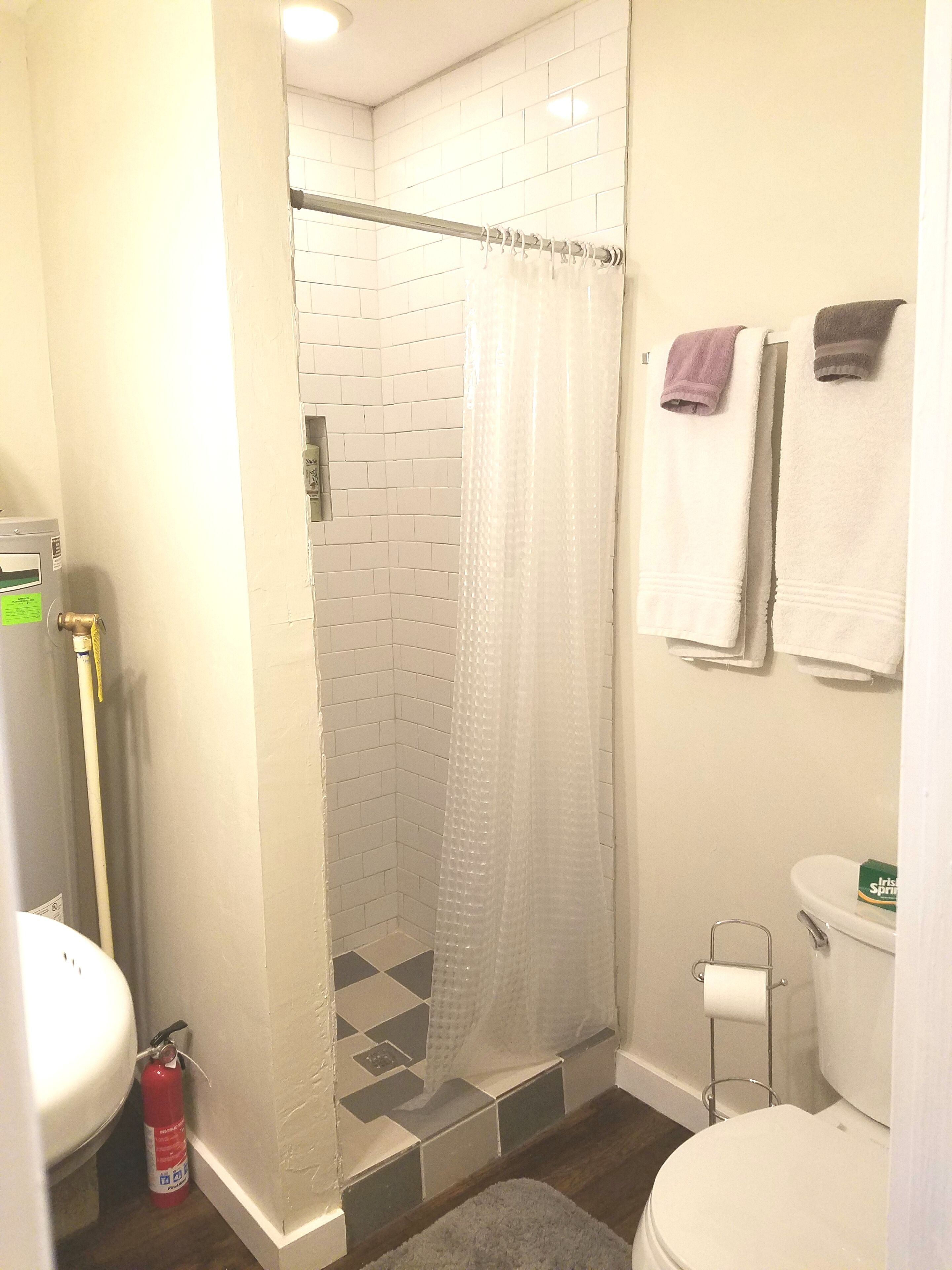 Hair dryer, towels, soap, shampoo