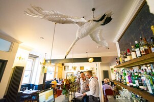 Una zona de bar con una gran escultura de pájaro, diversas botellas de licores y clientes.