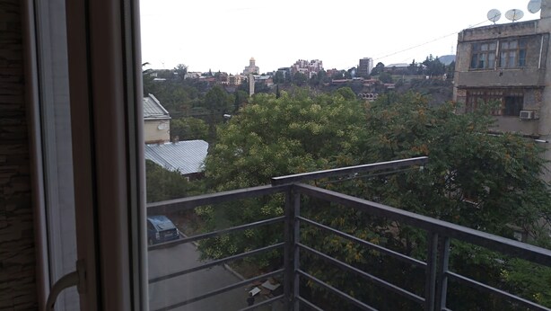 A balcony with a view of a residential area, including houses and trees.