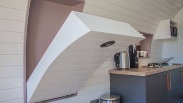 Fridge, microwave, cookware/dishes/utensils, spices