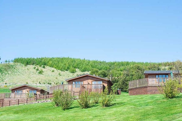 A row of wooden cabins with a wooden deck and a grassy hill in the background. - Kingfisher Lodge With Hot Tub Near Cupar, Fife (Cupar)