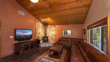 60-inch LCD TV with cable channels, TV, fireplace