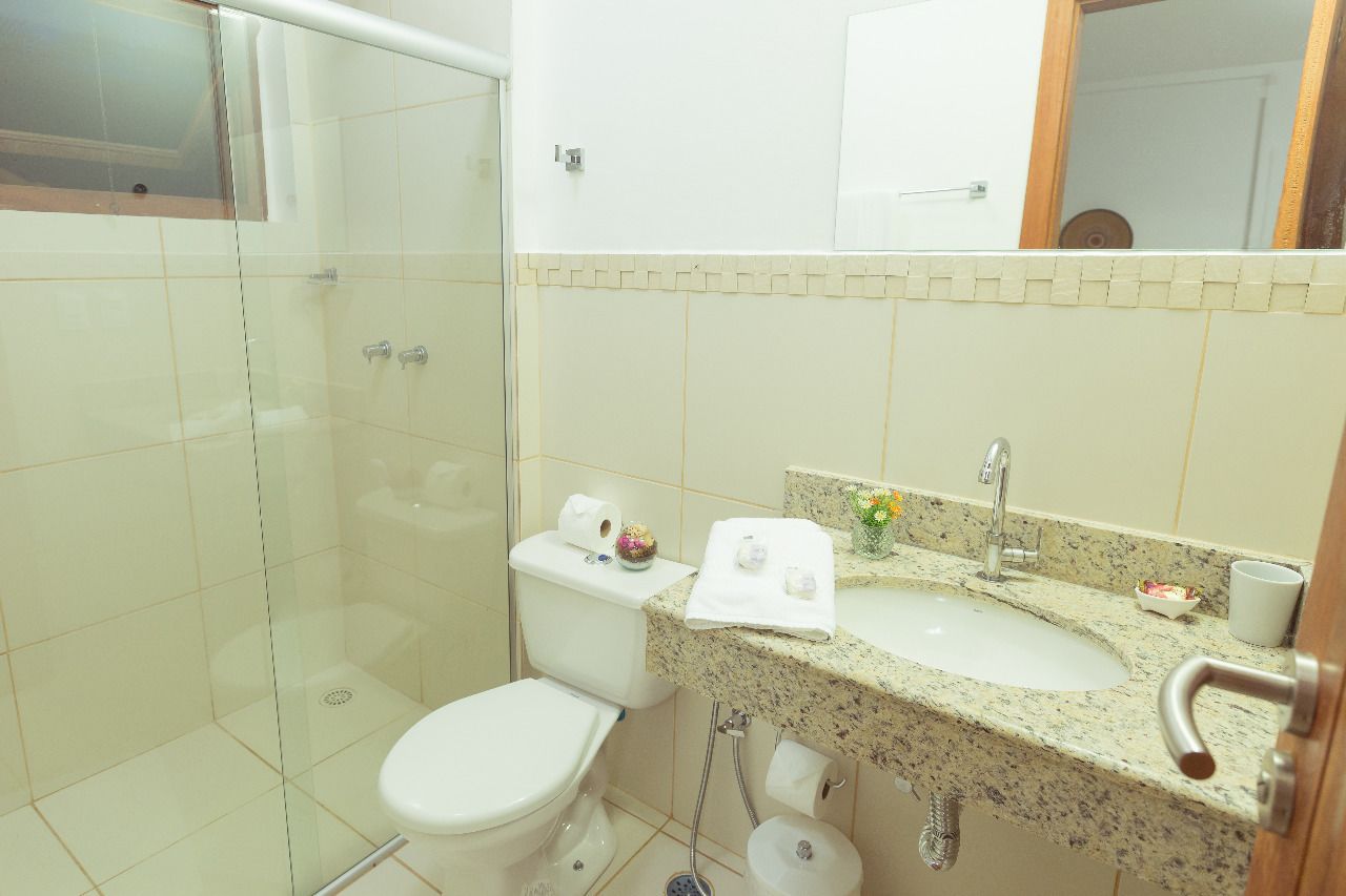 A bathroom with a glass shower enclosure, a toilet, a sink with a mirror, and a towel rack.