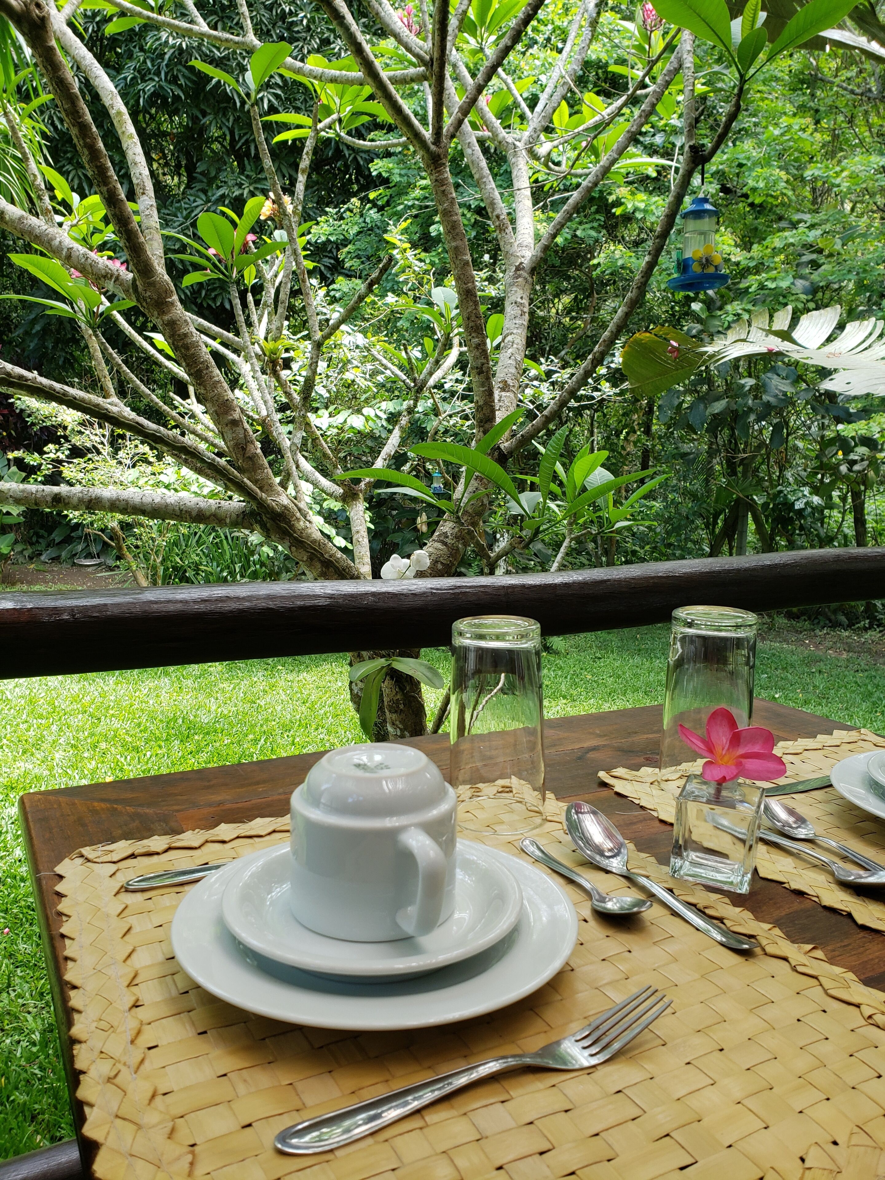 A table set outdoors with a cup, saucer, and utensils.