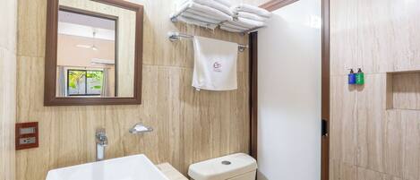 Une salle de bain avec un lavabo blanc, des toilettes et un espace douche.