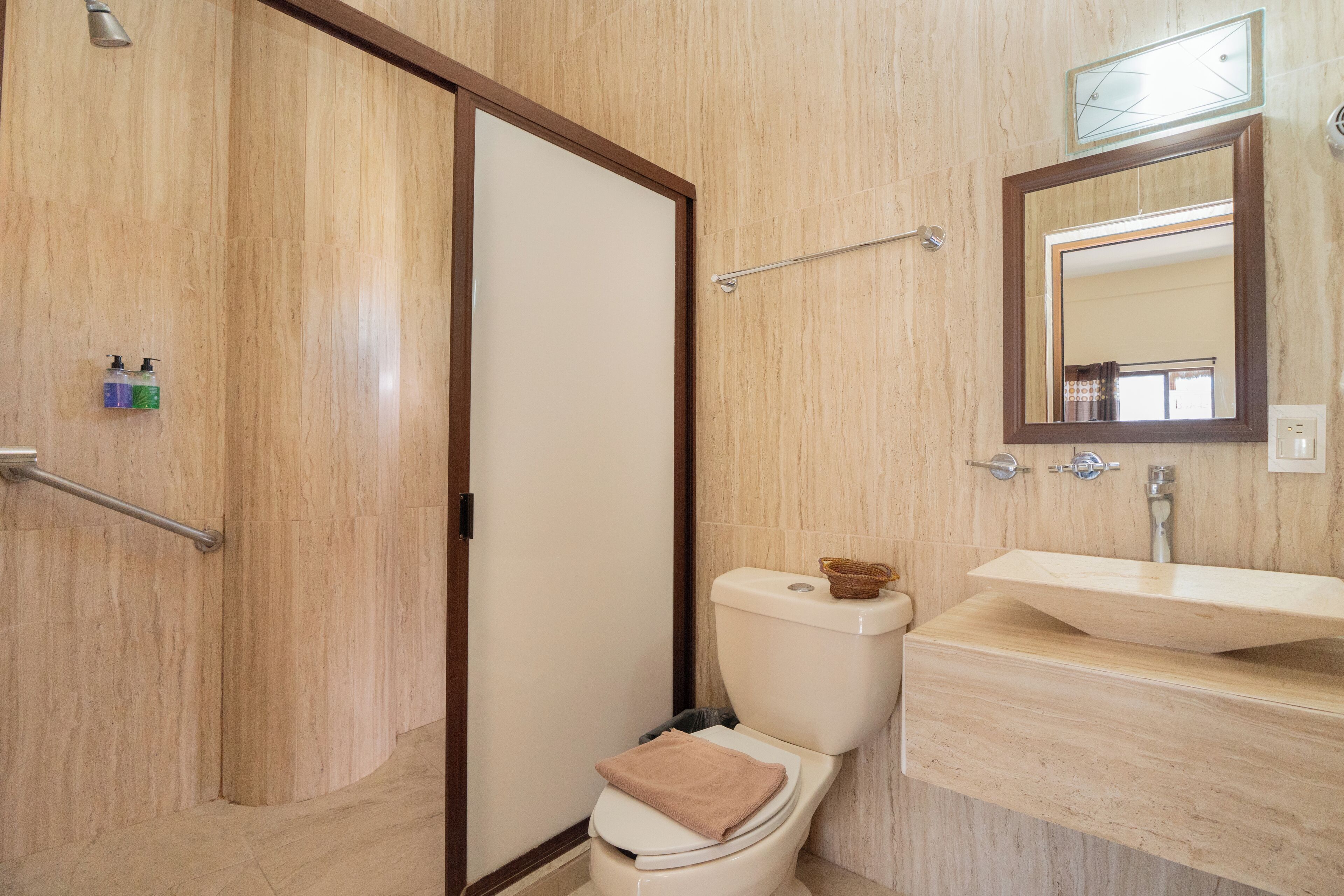 standard room | bathroom | shower, designer toiletries, hair dryer, towels