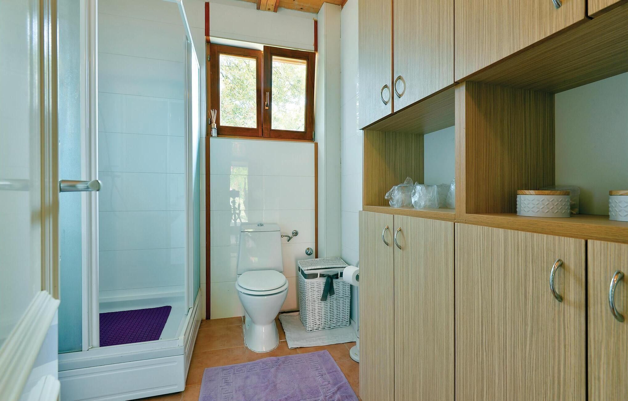 A bathroom with a shower, toilet, and wooden cabinets.