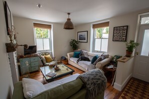 TV, fireplace, books