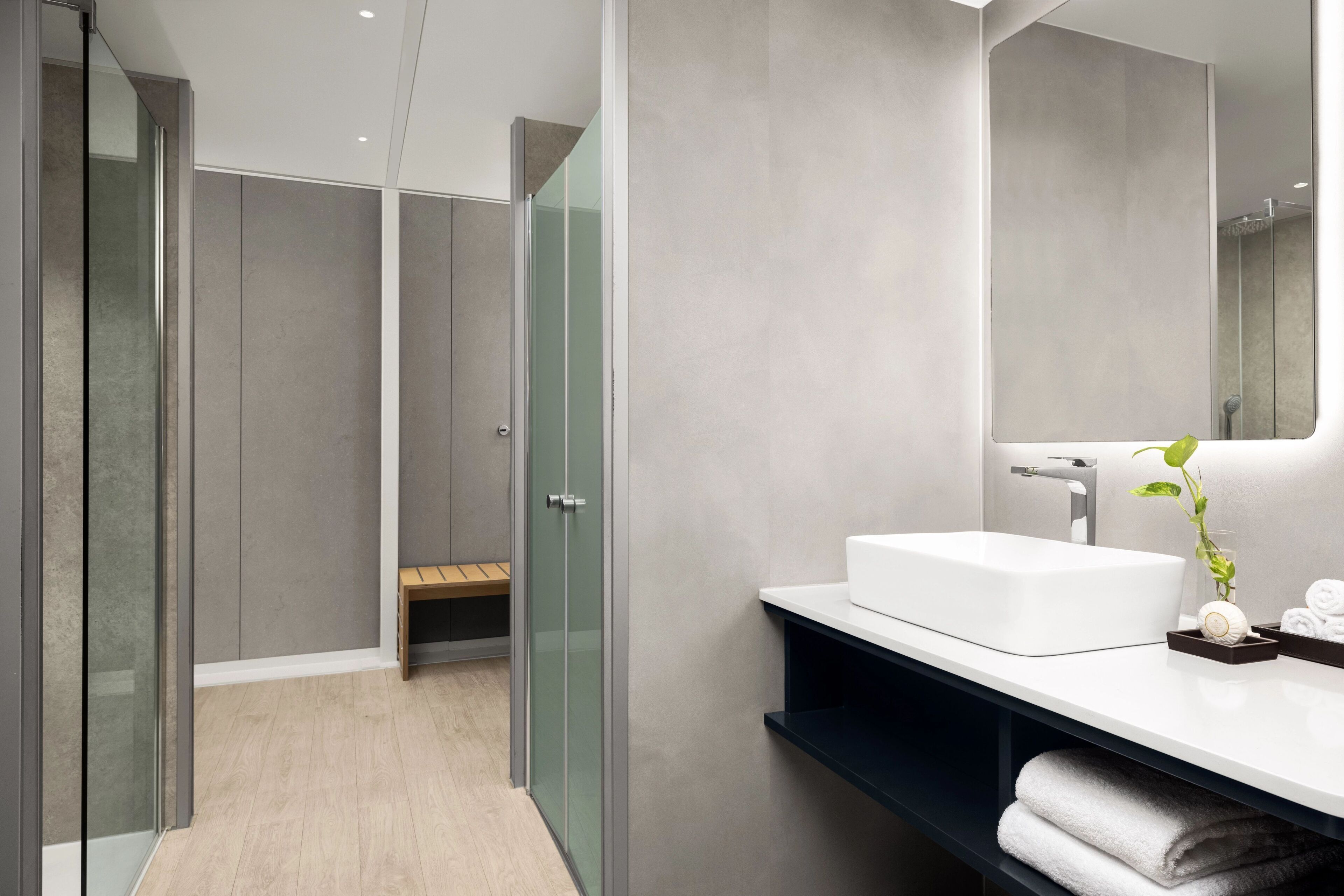 A modern bathroom with a glass-enclosed shower, a white sink, and a mirror.